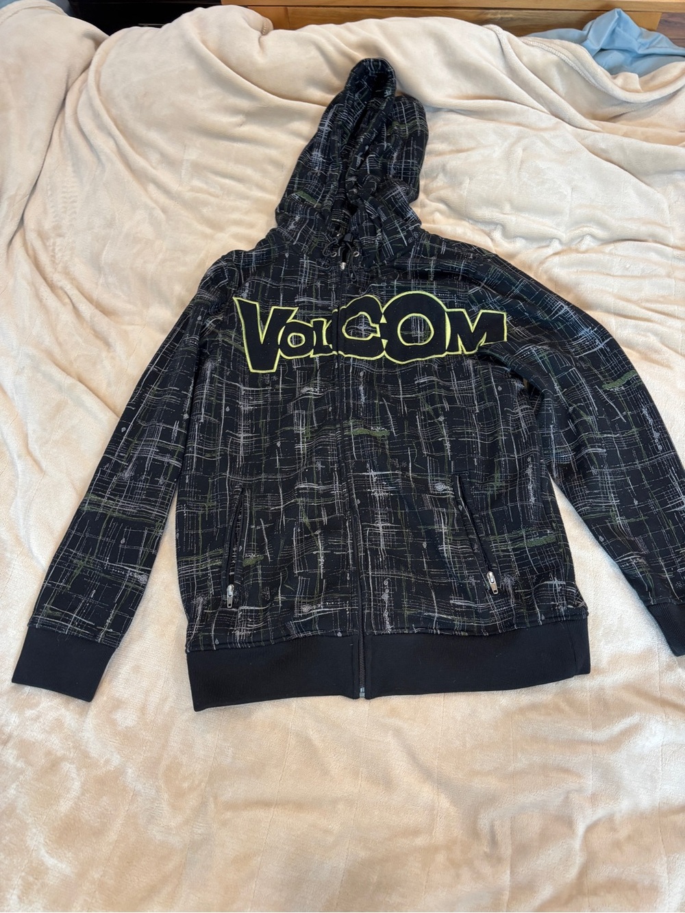 Volcom Black Zip Hoodie with Neon Yellow Logo